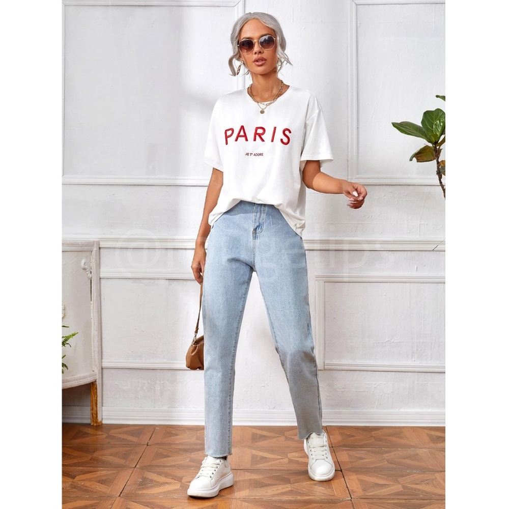 White Tee Red Embroidery Text Print Shirt Short Sleeve, Drop Shoulder Oversized - Picture 4 of 12